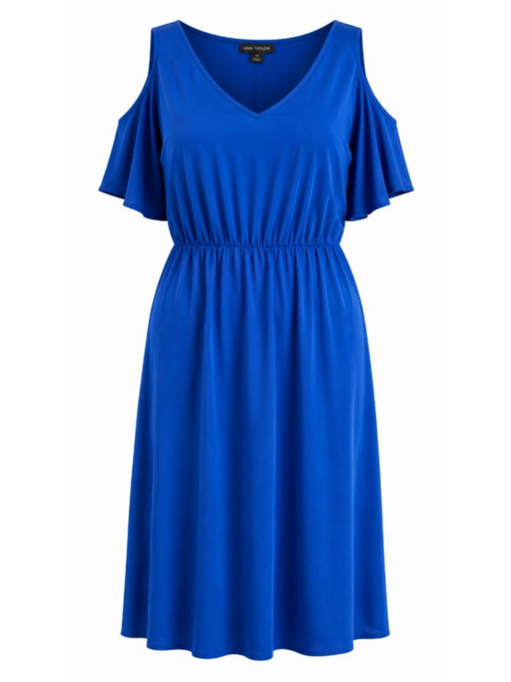 Ann Taylor Cold Shoulder Dress Blue V-Neck Midi Elastic Waist Size 14
